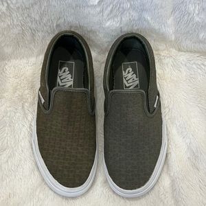 Preowned Vans Olive Green Suede Embossed Weave Leather/Suede Slip on W6, M4.5.